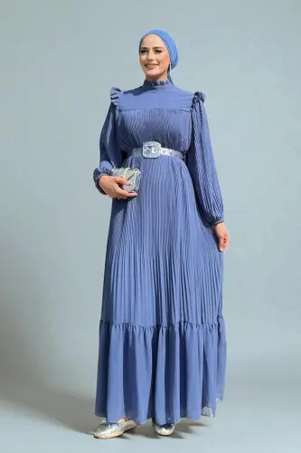 Piliseli Fırfır Görünümlü Bel Kuşaklı Şifon Elbise 3628 İndigo - Bym Fashion (1)