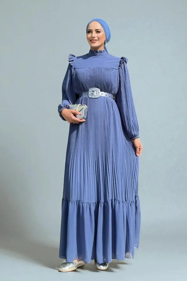 Piliseli Fırfır Görünümlü Bel Kuşaklı Şifon Elbise 3628 İndigo - 2
