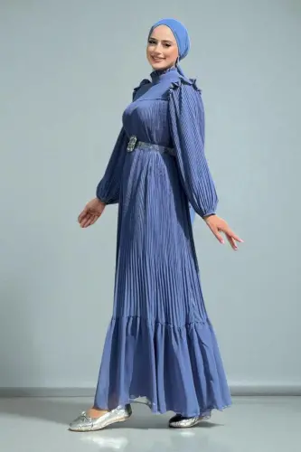 Piliseli Fırfır Görünümlü Bel Kuşaklı Şifon Elbise 3628 İndigo - 3