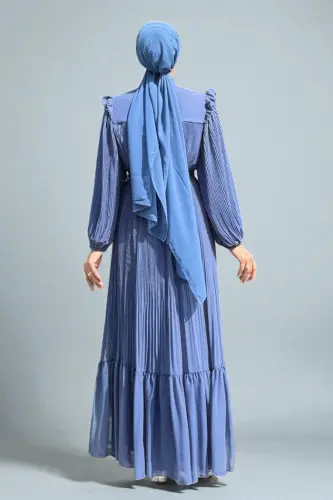 Piliseli Fırfır Görünümlü Bel Kuşaklı Şifon Elbise 3628 İndigo - 4