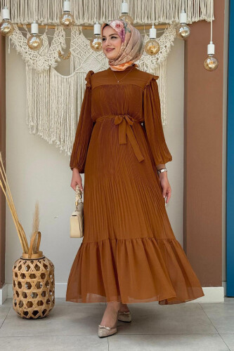 Pleated Ruffle Look Waist Belted Chiffon Dress 3628 Ginger - Bym Fashion