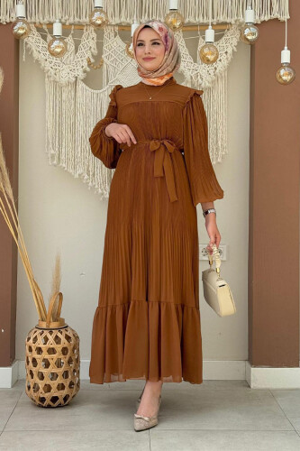 Pleated Ruffle Look Waist Belted Chiffon Dress 3628 Ginger - Bym Fashion (1)