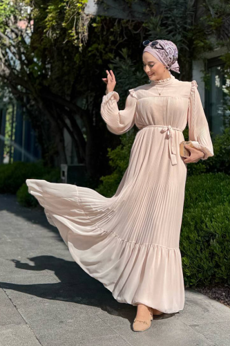 Pleated Ruffle Look Waist Belted Chiffon Dress 3628 Stone - Bym Fashion (1)