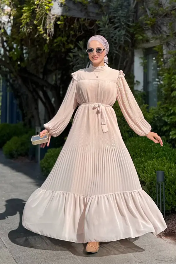Piliseli Fırfır Görünümlü Bel Kuşaklı Şifon Elbise 3628 Taş - 1