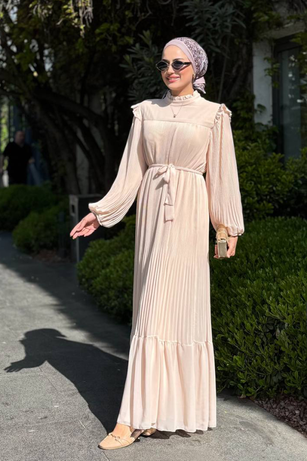 Piliseli Fırfır Görünümlü Bel Kuşaklı Şifon Elbise 3628 Taş - 3