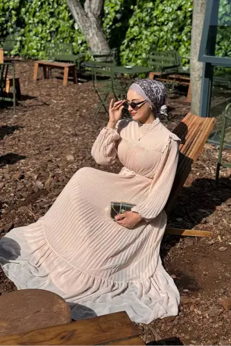 Piliseli Fırfır Görünümlü Bel Kuşaklı Şifon Elbise 3628 Taş - 4