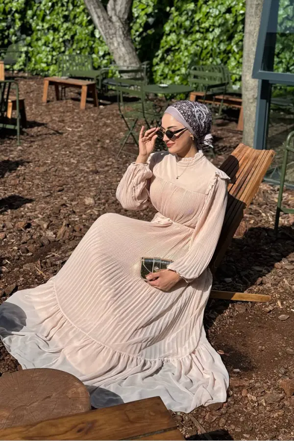 Piliseli Fırfır Görünümlü Bel Kuşaklı Şifon Elbise 3628 Taş - 4