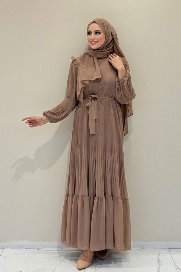 Piliseli Fırfır Görünümlü Bel Kuşaklı Şifon Elbise 3628 Vizon - 1