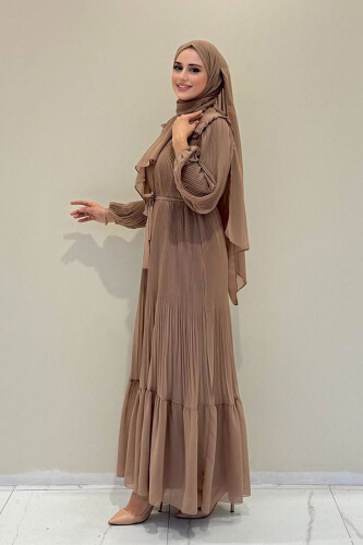 Piliseli Fırfır Görünümlü Bel Kuşaklı Şifon Elbise 3628 Vizon - Bym Fashion (1)