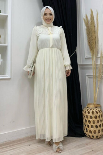 Pleated Shoulder Part Lace Look Collar Detail Dress 3726 Ecru - Bym Fashion