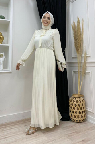 Pleated Shoulder Part Lace Look Collar Detail Dress 3726 Ecru - Bym Fashion (1)