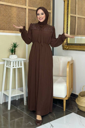 Pleated Shoulder Part Lace Look Collar Detail Dress 3726 Brown - Bym Fashion