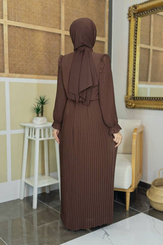 Pleated Shoulder Part Lace Look Collar Detail Dress 3726 Brown - Bym Fashion (1)