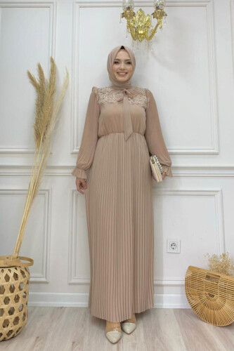 Pleated Shoulder Part Lace Look Collar Detail Dress 3726 Stone - Bym Fashion