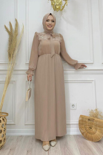 Pleated Shoulder Part Lace Look Collar Detail Dress 3726 Stone - Bym Fashion (1)