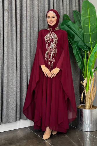 Pul Payet İşlemeli Şifon Pelerinli Elbiseli Abiye Takım 3774 Bordo - Bym Fashion