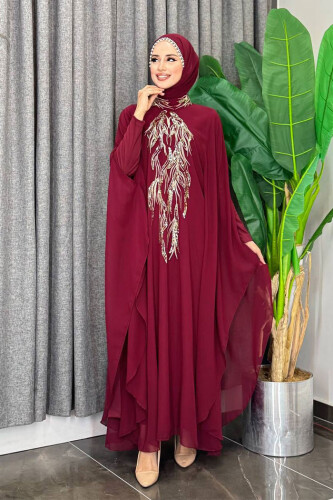Pul Payet İşlemeli Şifon Pelerinli Elbiseli Abiye Takım 3774 Bordo - Bym Fashion (1)