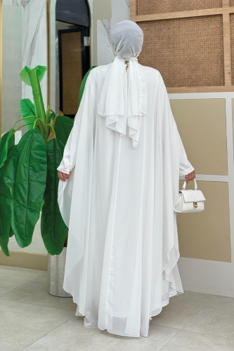 Pul Payet İşlemeli Şifon Pelerinli Elbiseli Abiye Takım 3774 Ekru - Bym Fashion (1)