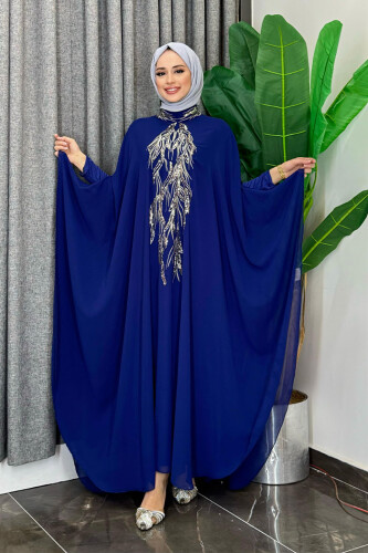 Sequin Embroidered Chiffon Cape Dress Evening Dress Suit 3774 Navy Blue - Bym Fashion