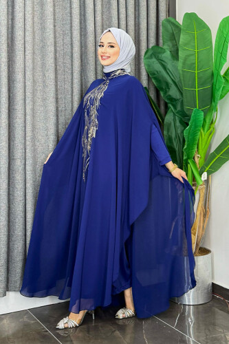 Sequin Embroidered Chiffon Cape Dress Evening Dress Suit 3774 Navy Blue - Bym Fashion (1)