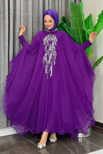Pul Payet İşlemeli Şifon Pelerinli Elbiseli Abiye Takım 3774 Mor - Bym Fashion