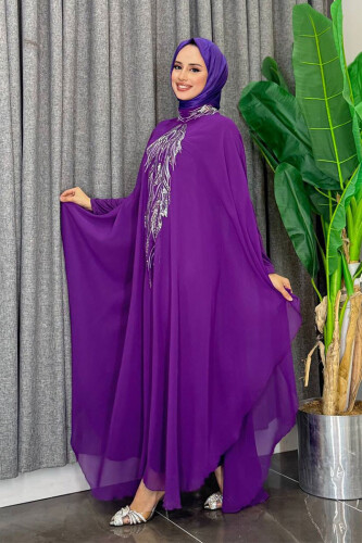 Pul Payet İşlemeli Şifon Pelerinli Elbiseli Abiye Takım 3774 Mor - Bym Fashion (1)