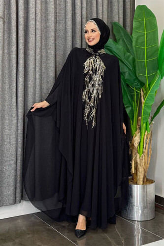 Sequin Embroidered Chiffon Cape Dress Evening Dress Suit 3774 Black - Bym Fashion