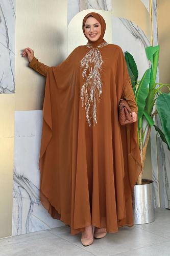 Sequin Embroidered Chiffon Cape Dress Evening Dress Suit 3774 Tan - Bym Fashion