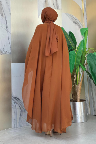 Sequin Embroidered Chiffon Cape Dress Evening Dress Suit 3774 Tan - Bym Fashion (1)