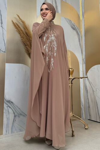 Pul Payet İşlemeli Şifon Pelerinli Elbiseli Abiye Takım 3774 Vizon - Bym Fashion (1)