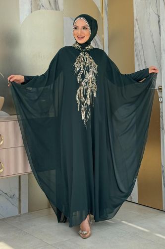 Pul Payet İşlemeli Şifon Pelerinli Elbiseli Abiye Takım 3774 Zümrüt - Bym Fashion