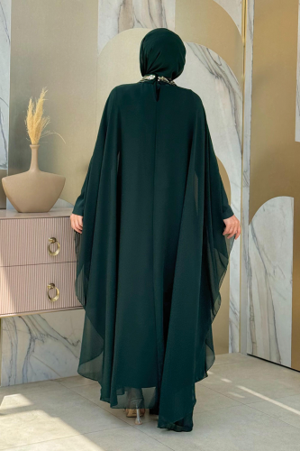Pul Payet İşlemeli Şifon Pelerinli Elbiseli Abiye Takım 3774 Zümrüt - Bym Fashion (1)