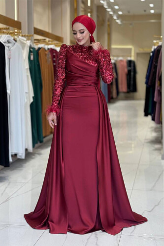 Pul Payet Saten Abiye 7064 Bordo - Bym Fashion (1)