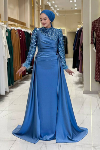 Pul Payet Saten Abiye 7064 İndigo - Bym Fashion
