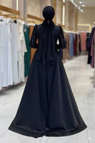 Pul Payet Saten Abiye 7064 Siyah - Bym Fashion (1)