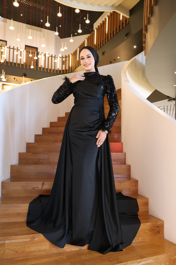 Pul Payet Saten Abiye 7064 Siyah - 5