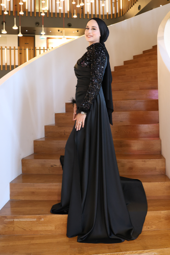 Pul Payet Saten Abiye 7064 Siyah - 6