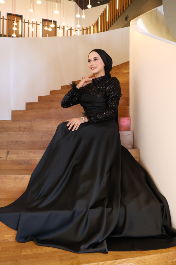 Pul Payet Saten Abiye 7064 Siyah - 10