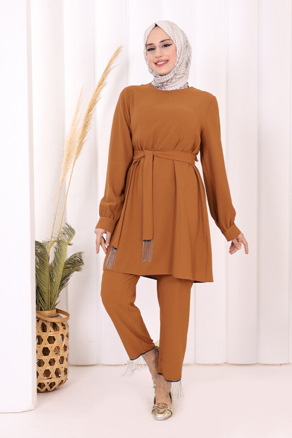 Püskül Detaylı Tunikli Pantolon İkili Takım 8424 Taba - 5