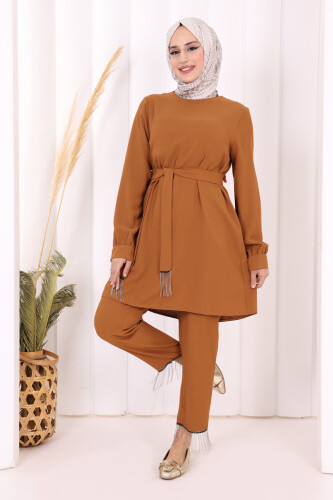 Püskül Detaylı Tunikli Pantolon İkili Takım 8424 Taba - 6