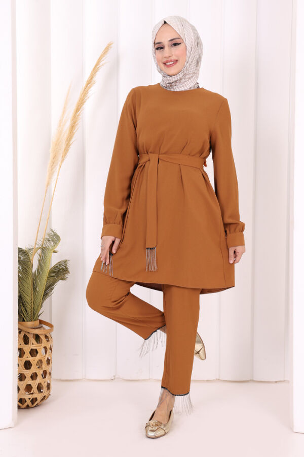 Püskül Detaylı Tunikli Pantolon İkili Takım 8424 Taba - 6
