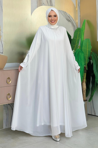 Püsküllü Yakası Taş Detaylı Abayalı Elbise Takım 8494 Ekru - Bym Fashion