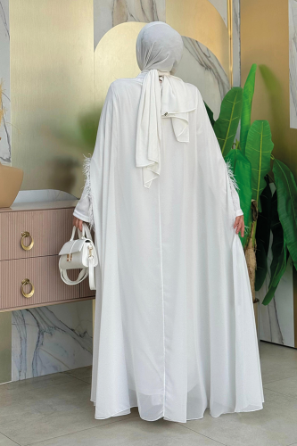 Püsküllü Yakası Taş Detaylı Abayalı Elbise Takım 8494 Ekru - Bym Fashion (1)