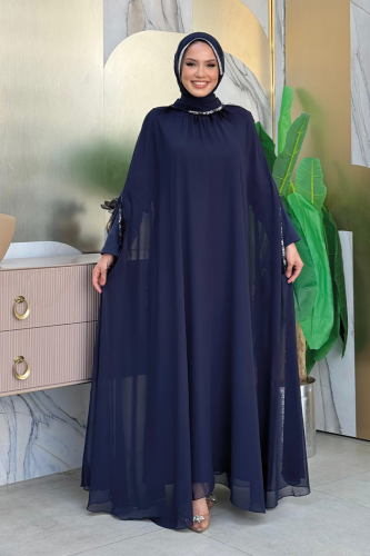 Püsküllü Yakası Taş Detaylı Abayalı Elbise Takım 8494 Lacivert - Bym Fashion