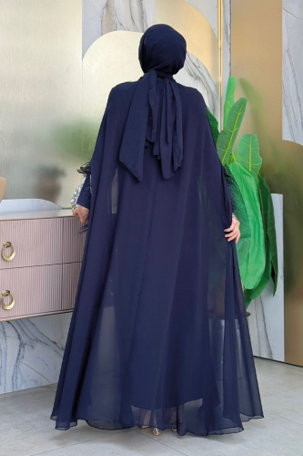 Püsküllü Yakası Taş Detaylı Abayalı Elbise Takım 8494 Lacivert - Bym Fashion (1)