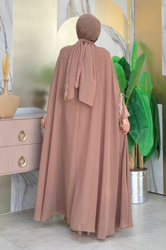 Püsküllü Yakası Taş Detaylı Abayalı Elbise Takım 8494 Vizon - Bym Fashion (1)