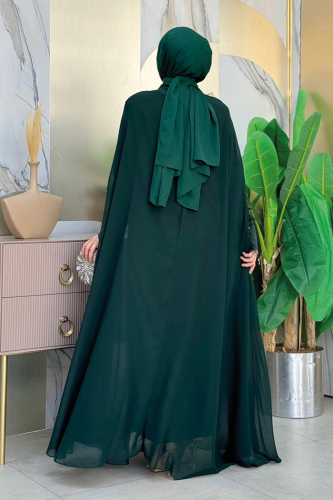 Püsküllü Yakası Taş Detaylı Abayalı Elbise Takım 8494 Zümrüt - Bym Fashion (1)