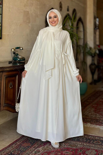 Şallı Kruvaze Namaz Elbisesi 6027 Ekru - Bym Fashion