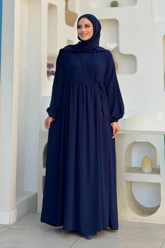 Şallı Kruvaze Namaz Elbisesi 6027 Lacivert - Bym Fashion