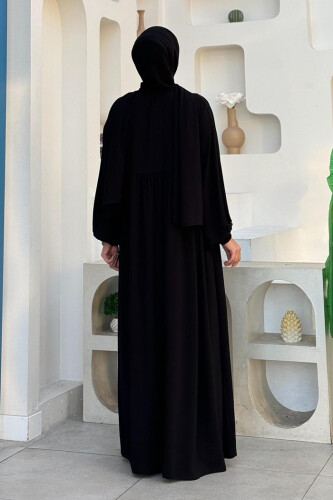 Şallı Kruvaze Namaz Elbisesi 6027 Siyah - Bym Fashion (1)